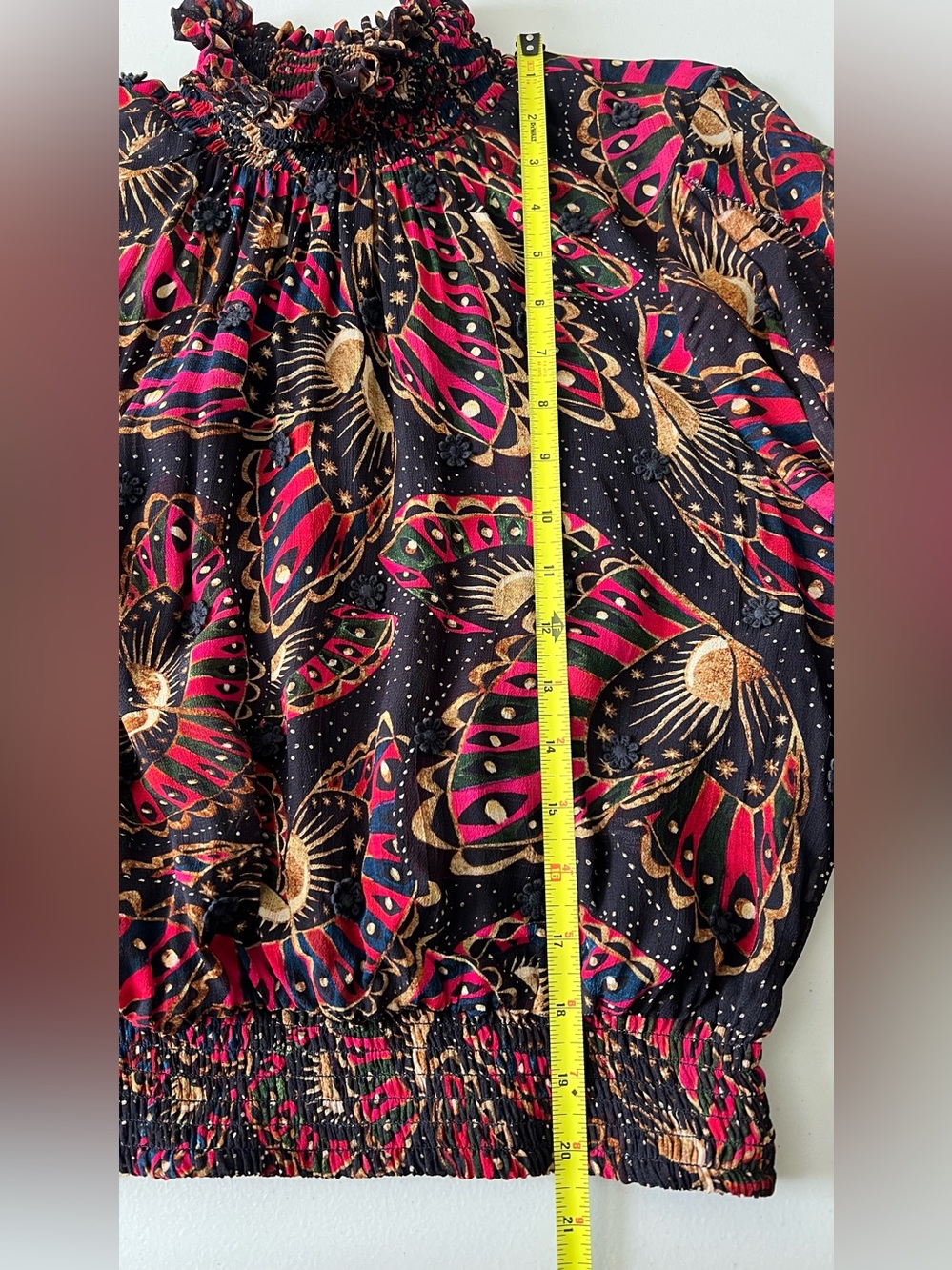 FARM Rio Black Pink Gold Printed Ruffle-Neck Blouse - Picture 7 of 15